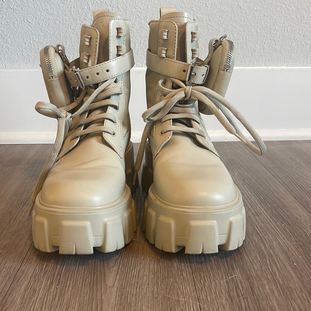 Prada Monolith Leather Zip Combat Booties - Desert Sand